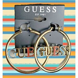 Guess Gold-Toned Logo Letter Spelling Coral-Blue Medium Size Hoop Earrings